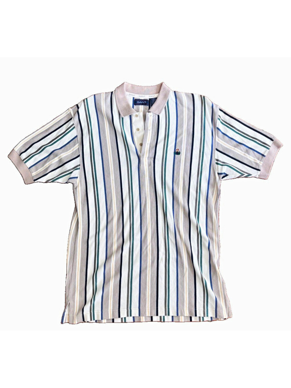 VTG GANT Striped Polo Shirt Mens Medium Vertical Stripe Cotton Beige Green Y2K